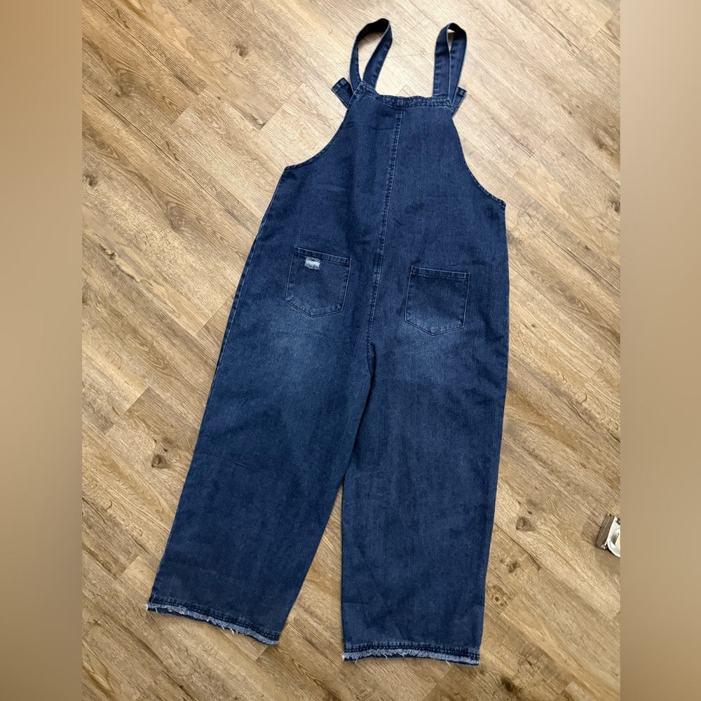 Wide Leg Distressed Oversized Jean Overalls - Picture 9 of 14